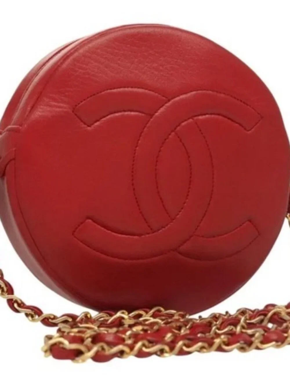 CHANEL Chain Shoulder Bag Lamb Skin Red Gold CC Auth 127505